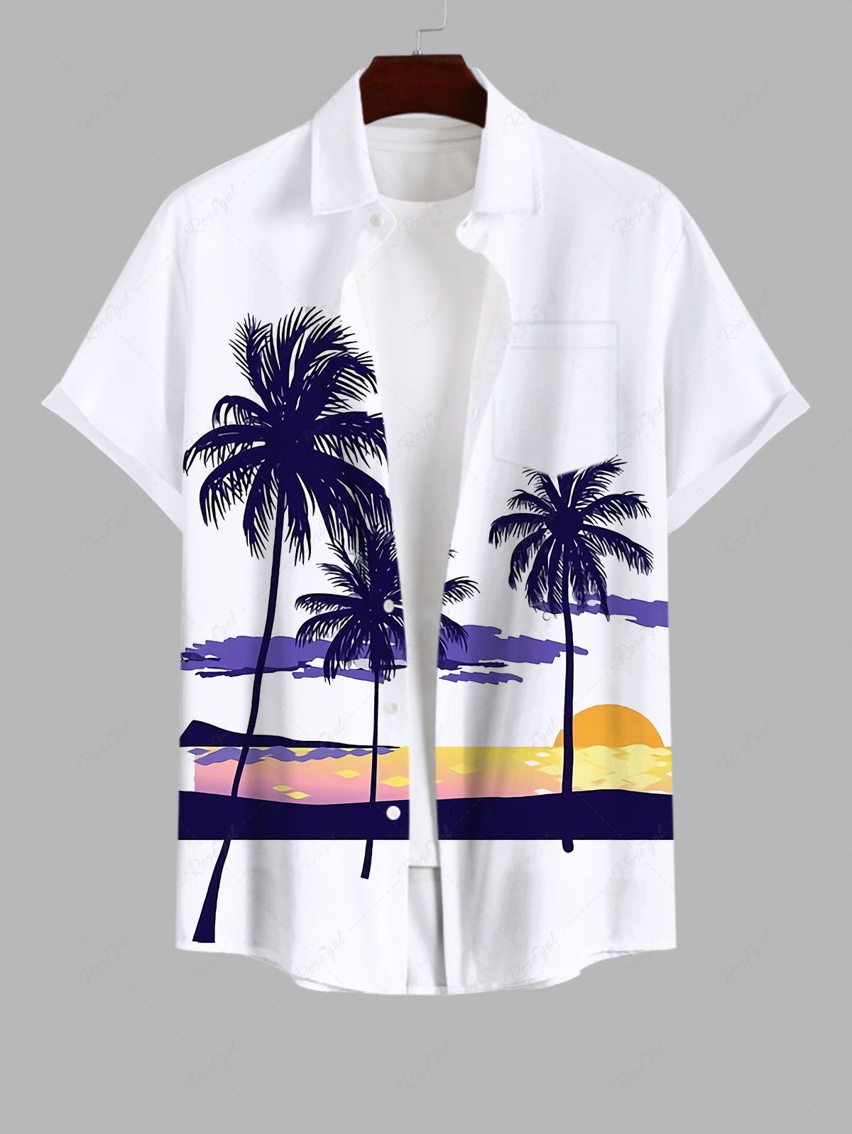 Discount Plus Size Coconut Tree Sky Cloud Sun Print Hawaii Button Pocket Shirt For Men  