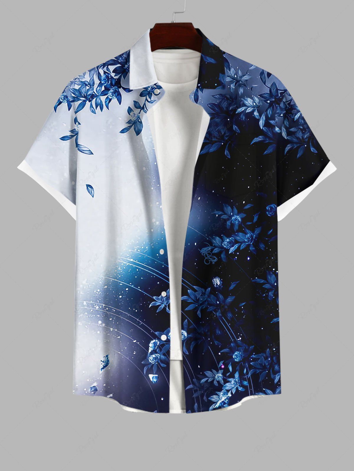 Shop Plus Size Floral Leaves Ombre Galaxy Print Hawaii Button Pocket Shirt For Men  