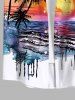 Plus Size Watercolor Sea Coconut Tree Sun Cloud Bird Print Buttons Pocket Hawaii Shirt For Men -  