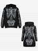 Plus Size 3D Glitter Sparkling Rhinestone Skeleton Print Kangaroo Pocket Drawstring Halloween Hoodie For Men -  
