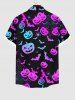 Plus Size Pumpkin Bat Spider Web Print Buttons Pocket Halloween Shirt For Men -  