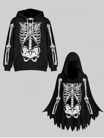 Skeleton Print Jagged Hem Hooded Cloak and Hoodie Halloween Plus Size Matching Set For Couples - BLACK