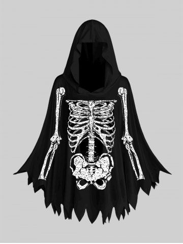 Skeleton Print Jagged Hem Hooded Cloak and Leggings Halloween Plus Size Matching Set