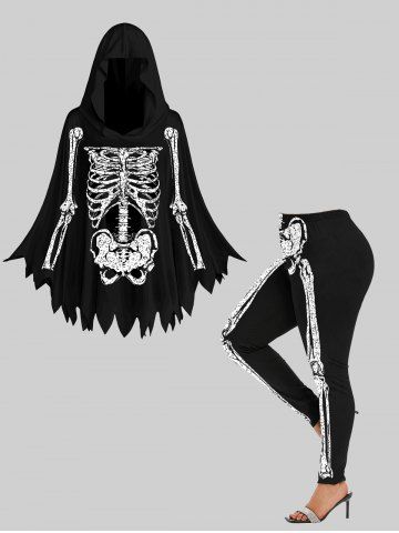 Skeleton Print Jagged Hem Hooded Cloak and Leggings Halloween Plus Size Matching Set