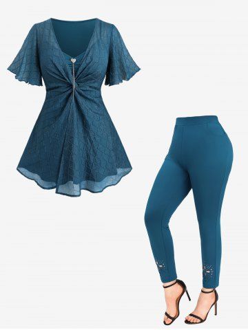 Heart Buckle Twist Ruffles Chiffon Embossed Glitter Textured Blouse and Flowers Hollow Out Pants Plus Size Summer Outfit - DEEP BLUE