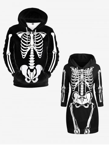 Skeleton Print Pockets Drawstring Hoodie Dress and Men's Hoodie Halloween Plus Size Matching Outfit For Couples - BLACK