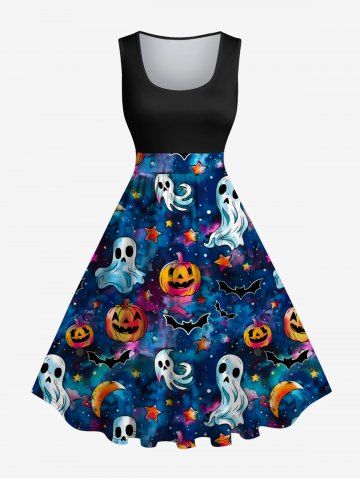 Plus Size Halloween Galaxy Ghost Pumpkin Moon Star Bat Print Vintage Dress - BLACK - XS