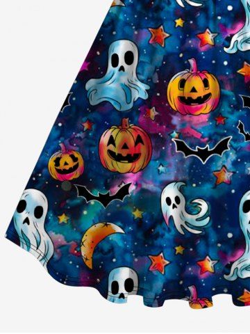 Plus Size Halloween Galaxy Ghost Pumpkin Moon Star Bat Print Vintage Dress