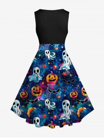 Plus Size Halloween Galaxy Ghost Pumpkin Moon Star Bat Print Vintage Dress