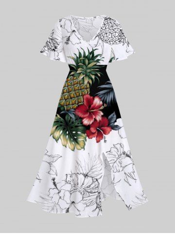 Plus Size Tropical Leaf Hibiscus Flower Pineapple Print Split Hawaii Midi Dress