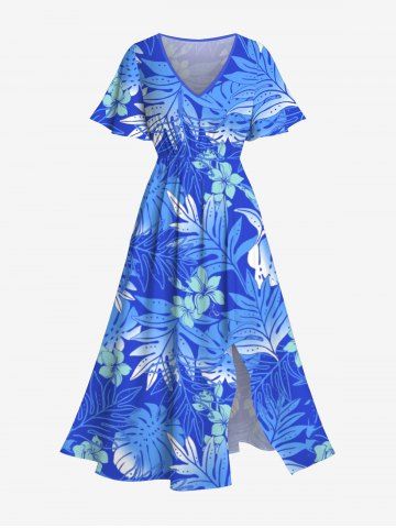 Plus Size Tropical Leaf Hibiscus Flowers Print Split Hawaii Midi Dress - SKY BLUE - M