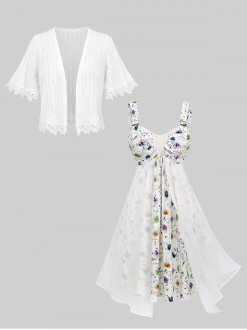 Watercolor Flower Print Chiffon Asymmetrical Dress and Applique Pointelle Solid Cardigan Plus Size Outfit - WHITE