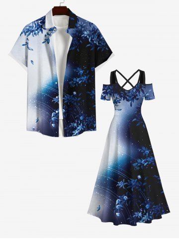 Floral Leaves Ombre Galaxy Print Plus Size Matching Set For Couples - BLUE