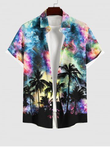 Plus Size Coconut Tree Colorful Tie Dye Galaxy Print Hawaii Button Pocket Shirt For Men