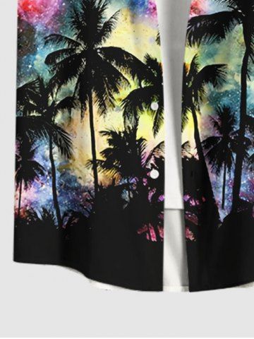 Plus Size Coconut Tree Colorful Tie Dye Galaxy Print Hawaii Button Pocket Shirt For Men