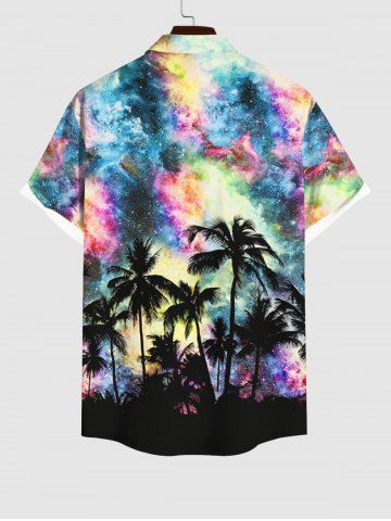 Plus Size Coconut Tree Colorful Tie Dye Galaxy Print Hawaii Button Pocket Shirt For Men