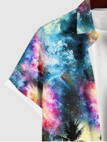 Plus Size Coconut Tree Colorful Tie Dye Galaxy Print Hawaii Button Pocket Shirt For Men