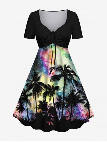 Plus Size Coconut Tree Colorful Tie Dye Galaxy Print Hawaii Cinched A Line Dress - BLACK - S