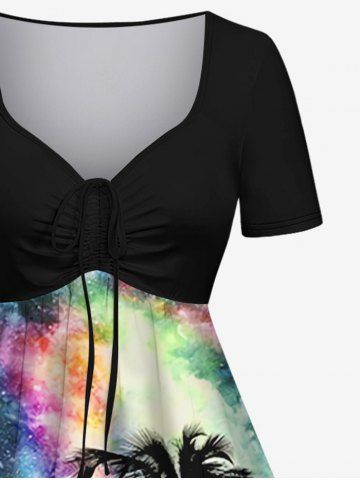 Plus Size Coconut Tree Colorful Tie Dye Galaxy Print Hawaii Cinched A Line Dress