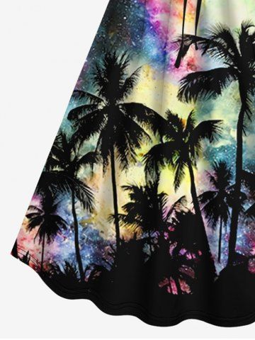 Plus Size Coconut Tree Colorful Tie Dye Galaxy Print Hawaii Cinched A Line Dress