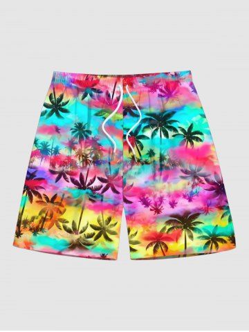 Plus Size Coconut Tree Colorful Tie Dye Ombre Print Hawaii Drawstring Beach Shorts For Men - MULTI-A - 4XL