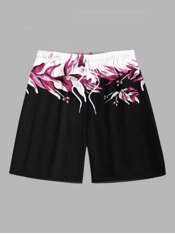 Plus Size Floral Leaf Print Hawaii Drawstring Beach Shorts For Men - BLACK - 3XL