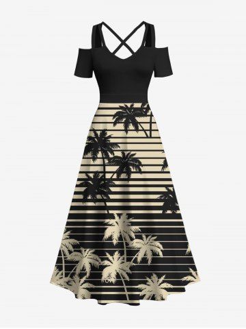 Plus Size Cold Shoulder Coconut Tree Striped Two Tone Print Hawaii Crisscross A Line Maxi Dress - DEEP COFFEE - S