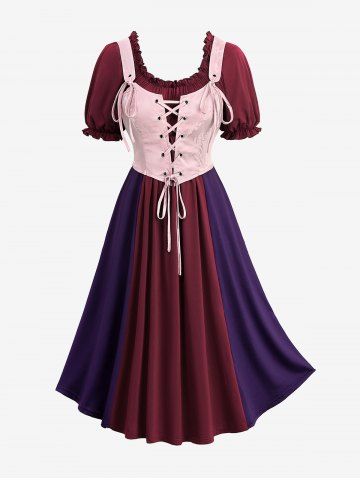 Plus Size Medieval Renaissance Puff Sleeve Lace Up Vintage A Line 2 in 1 Corset Dress Halloween Tavern Wench Costume - MULTI-F - L | US 12