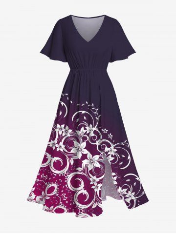Plus Size Floral Branch Print Hawaii Ombre Pocket Split A Line Midi Dress - MULTI-A - 6X