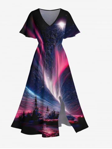 Plus Size Tree Aurora Ombre Sky Galaxy Print Hawaii Split Pocket A Line Midi Dress - BLACK - 1X