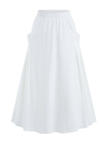 Elastic Waist Pocket Pleated Solid A Line Skirt - WHITE - XS