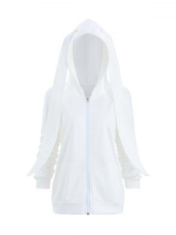 Solid Zipper Pockets Long Rabbit Ear Hooded Sweatshirt - WHITE - XS