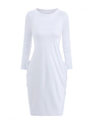 Solid Pocket Long Sleeve T-shirt Dress - WHITE - S