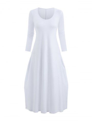 Solid Pockets Long Sleeves A Line Dress - WHITE - S