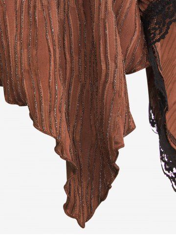Plus Size Medieval Renaissance Glitter Textured Ribbed Flare Sleeves Lace Trim Lace Up Asymmetric Corset Long Sleeves Top