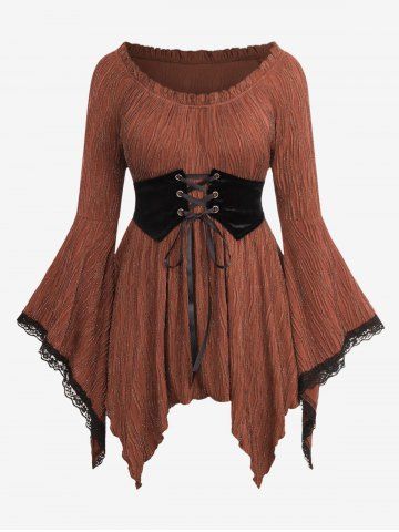 Plus Size Glitter Textured Ribbed Flare Sleeves Lace Trim Lace Up Asymmetric Corset Long Sleeves Top - DEEP COFFEE - M | US 10