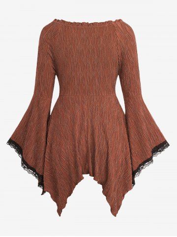 Plus Size Medieval Renaissance Glitter Textured Ribbed Flare Sleeves Lace Trim Lace Up Asymmetric Corset Long Sleeves Top