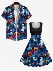 Halloween Galaxy Ghost Pumpkin Moon Star Bat Print Plus Size Matching Outfit For Couples -  
