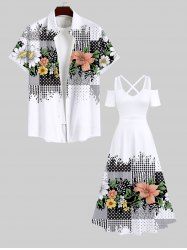 Tropical Leaf Flowers Scarf Pattern Print Plus Size Matching Hawaii Beach Outfit For Couples -  