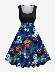 Plus Size Halloween Galaxy Ghost Pumpkin Moon Star Bat Print Vintage Dress -  