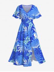 Plus Size Tropical Leaf Hibiscus Flowers Print Split Hawaii Midi Dress -  