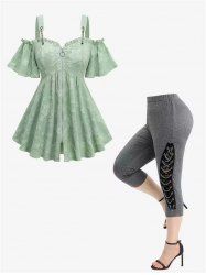 Leaf Flower Applique Zipper Blouse and Lace Patchwork Lace-up Marled Leggings Plus Size Outfit -  
