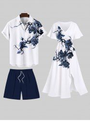 Rose Flower Vine Print Plus Size Matching Set For Couples -  