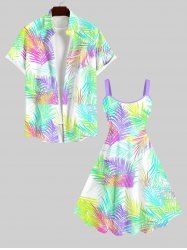 Colorful Ombre Tropical Leaves Print Plus Size Matching Hawaii Beach Outfit For Couples -  