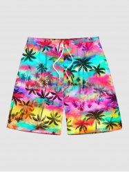Plus Size Coconut Tree Colorful Tie Dye Ombre Print Hawaii Drawstring Beach Shorts For Men -  