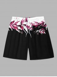 Plus Size Floral Leaf Print Hawaii Drawstring Beach Shorts For Men -  