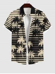Plus Size Coconut Tree Striped Two Tone Print Hawaii Button Pocket Shirt For Men -  