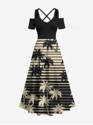 Plus Size Cold Shoulder Coconut Tree Striped Two Tone Print Hawaii Crisscross A Line Maxi Dress -  