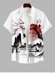 Plus Size Tree Sun Mountain Ink Painting Print Button Pocket Shirt For Men -  