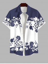 Plus Size Floral Leaves Branch Two Tone Print Hawaii Button Pocket Shirt For Men -  
